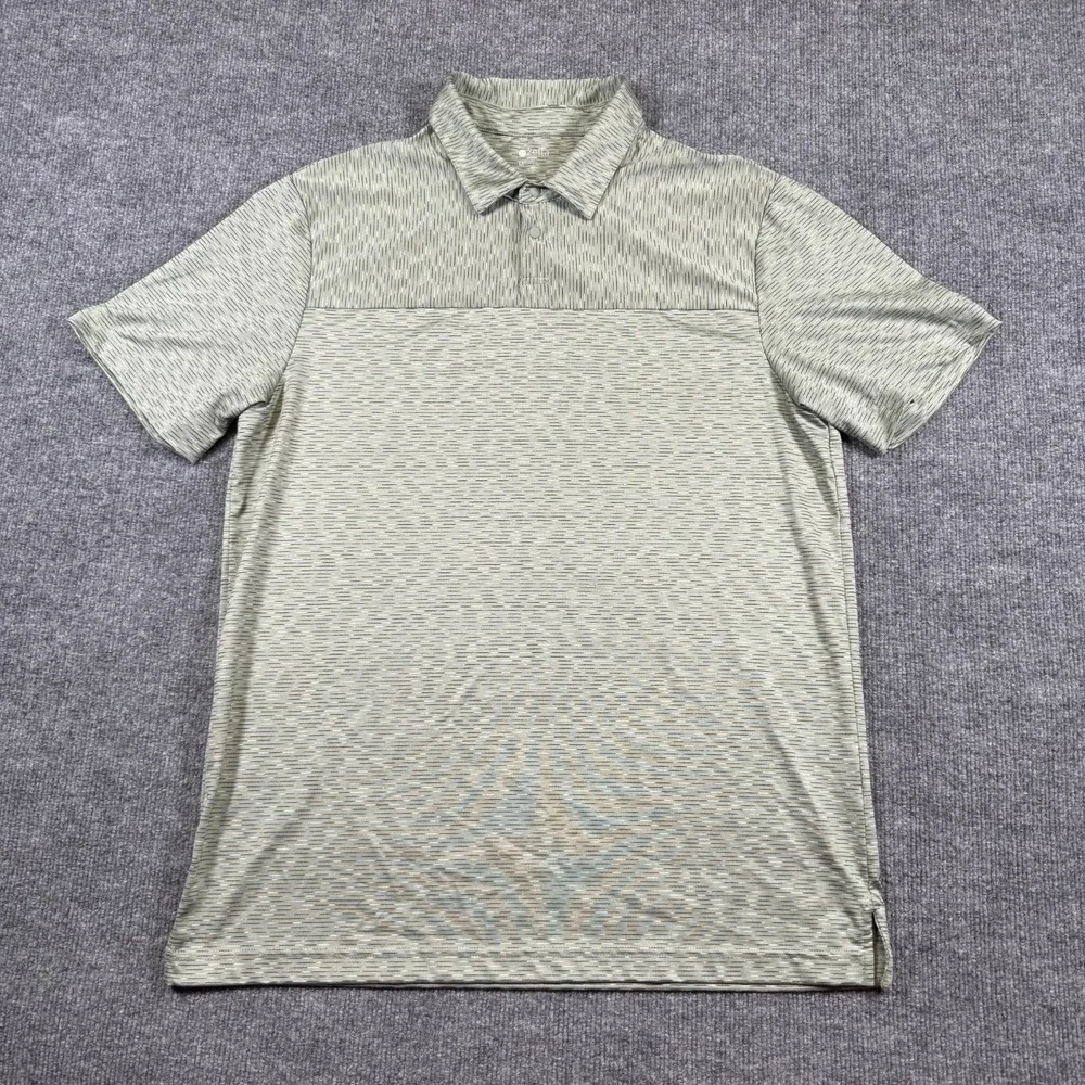 Zella Polo Shirt Men Medium Green Stripe‎ Short Sleeve Activewear Snap Stretch